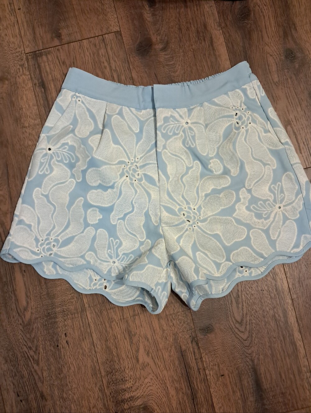 Entro Light Blue Floral Eyelet Scalloped Hem High Waist Shorts